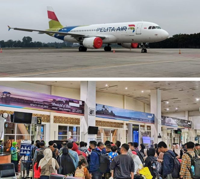 Pesawat Pelita Air dan penumpang di Bandarq Internasional SSK II, Pekanbaru.