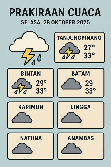 Prakiraan Cuaca Rabu, 29 Oktober 2025: Hujan Petir dan Angin Kencang Berpotensi Landa Sejumlah Wilayah Kepri