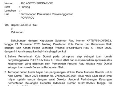 Surat permohonan Kota Dumai minta Porprov Riau XI 2026 ditunda dan beredar luas di media sosial. (Foto: net)