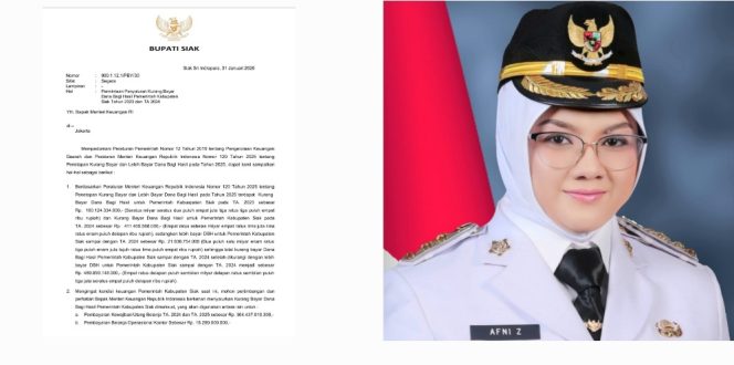 
					Surat Bupati Siak Dr. Afni Zulkifli kepada menteri keuangan RI. (Foto: ist)