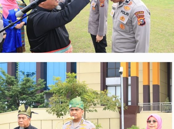 Ketua Umum DPH LAMR Provinsi Riau Datuk Seri Taufik Ikram Jamil saat memasang tanjak kepada seorang personil kepolisian Polda Riau. (Foto: ist)