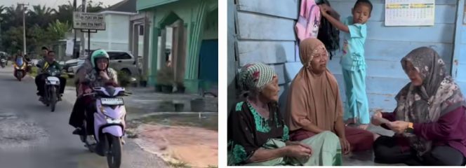 
					Bupati Siak, Dr. Afni Zulkifli mengendarai sepeda motor dan memberi bantuan kepada warga saat safari Ramadan. (Foto: ist)