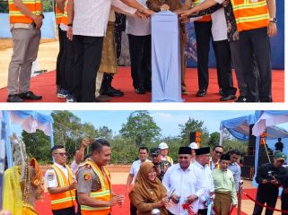 Bupati Siak, Afni Zukifli, tekan tombol sebagai tanda dimulainya PT MNS membangun galangan kapal Rp300 miliar lebih. (Foto: ist)