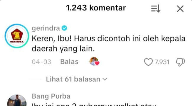 Komen Partai Gerinda di konten Afni Zulkifli. (Foto: net)