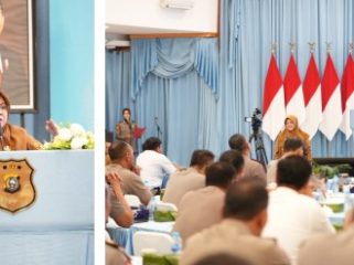 Bupati Siak Afni Zulkifli, saat jadi narasumber dalam Rakor Lintas Sektoral di Mapolda Riau. (Foto: ist)