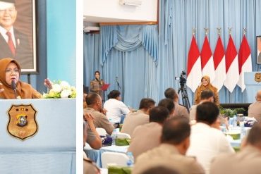 Bupati Siak Afni Zulkifli, saat jadi narasumber dalam Rakor Lintas Sektoral di Mapolda Riau. (Foto: ist)