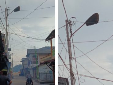 Kawanan lebah berkumpul dan bergantungan di salah satu tiang lampu penerangan jalan. (Foto: Bambang)