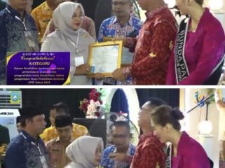 Bupati Anambas, Aneng menyerahkan sertifikat penghargaan kepada  Camat Jemaja Timur, Tetti Amalia, S.E. (Foto: ist)