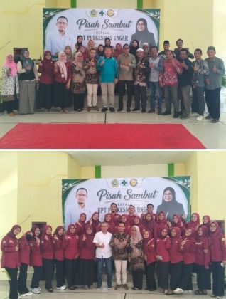 Surawan, SKM, MM dan NS Diha Zulaiha, S.Kep fhoto bersama Sekretaris Dinas Kesehatan Anton Ferry, S.Kep, MPh  dan Uspika, foto bawah bersama staff Puskesmas Ungar. (Foto: Raja Jurami)