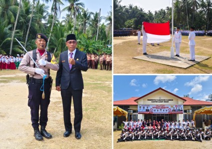 Inspektur dan komandan upacara, Zamri, S.AP dan Brigadir Arie Zd serta pengibaran bendera merah putih dan foto bersama peringatan HUT RI ke 81 di Kecamatan Ungar. (Foto: Raja Jurami)