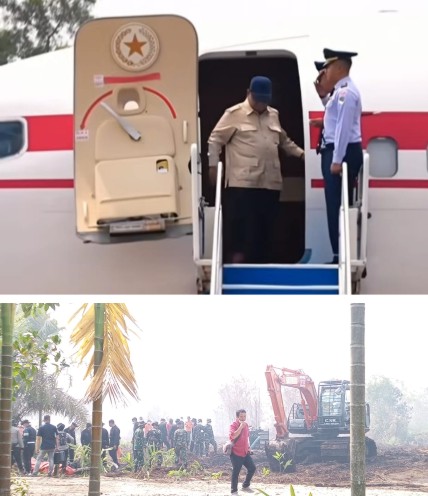 Kedatangan Presiden RI Prabowo Subianto  mendarat di Lanud Roesmin Nurjadin Pekanbaru.  (Foto: ist)