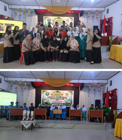 Para Guru MGMP Rayon II Karimun foto bersama dengan peserta Fahmil dan Syahril Al Qur'an (atas), peserta lomba (bawah). (Foto: ist)