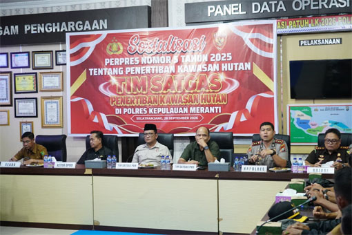 Sosialisasi Perpres Nomor 5 Tahun 2025 tentang Penertiban Kawasan Hutan di Aula Rupatama Lantai II Mapolres Kepulauan Meranti. (Foto: ist)