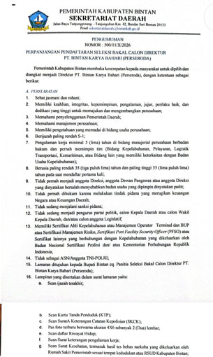 Surat perpanjang Pendaftaran Dirut PT Bintan Katya Bahari (Perseroda). (Foto; ist)