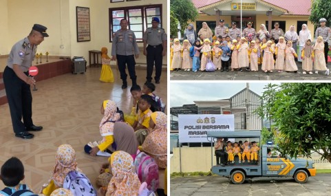 Kapolsek Kundur AKP Sarianto, SH, personil Polsek Kundur foto bersama Kepala KB Stania Madani Kids Andi Putri Dewi Aprianti, guru dan anak-anak. (Foto: Raja Juraimi)